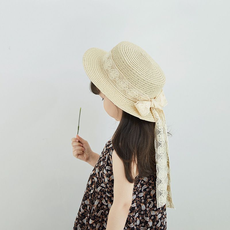 兒童公主蕾絲蝴蝶結遮陽草帽-卡其 (48-50cm)
