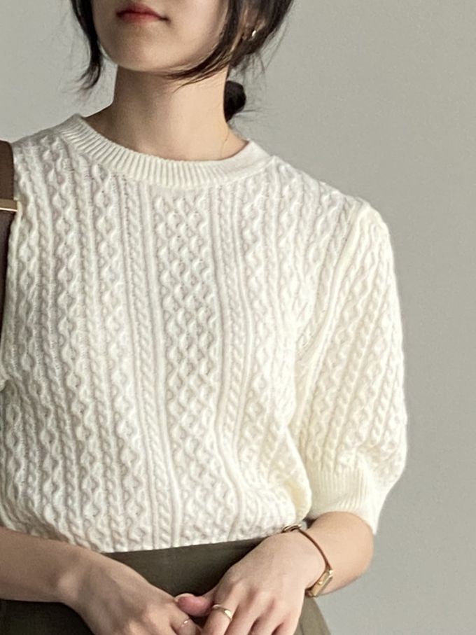 韓國女裝連線 - 麻花辮編織五分袖針織上衣-米白 (FREE)