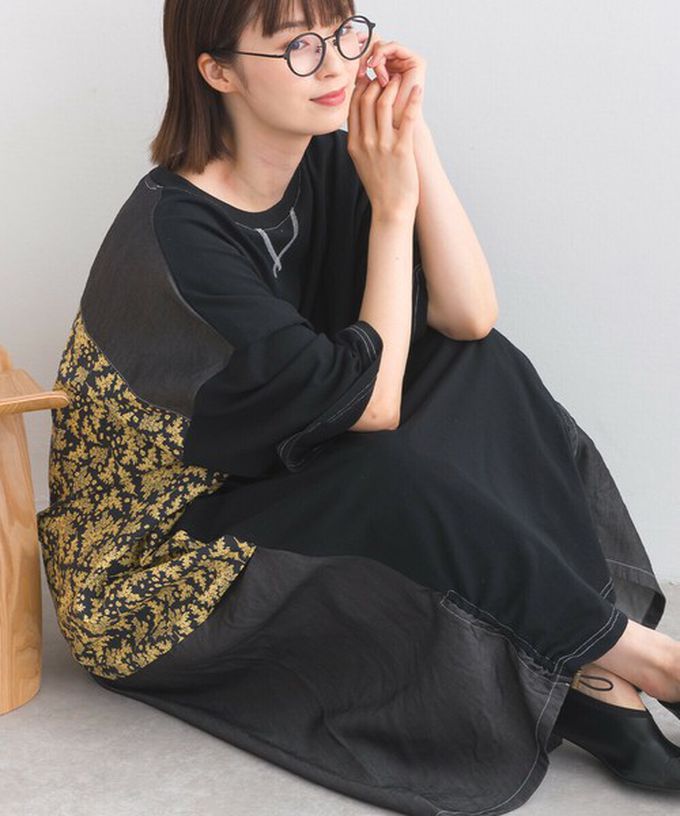 日本 Lupilien - 異素材花朵拼布清新五分袖洋裝-黑