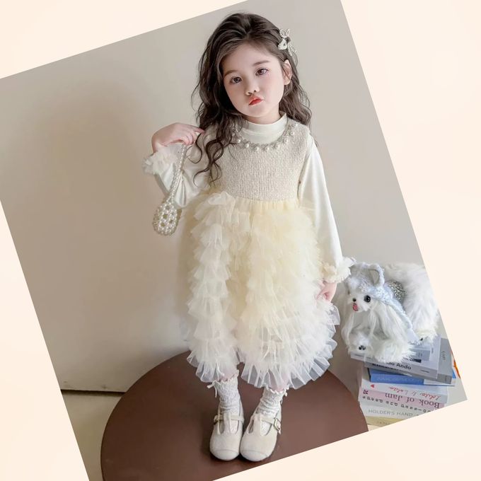 新年拜年生日Party法式甜美珍珠鑽飾領口蛋糕網紗洋裝 -奶油白