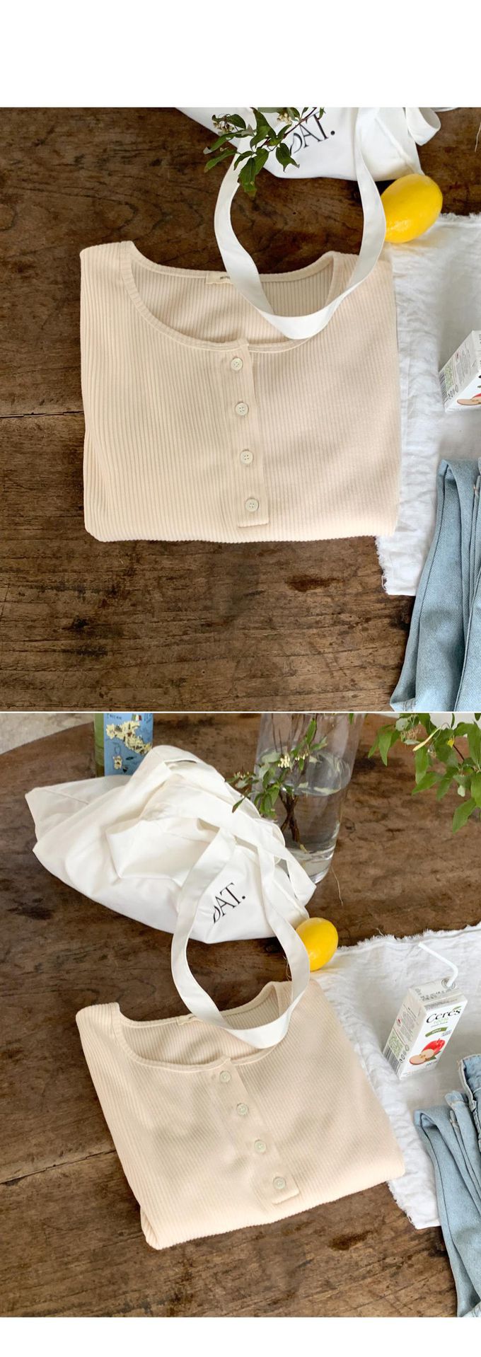 韓國 98doci - 經典直紋鈕扣短袖上衣-米黃