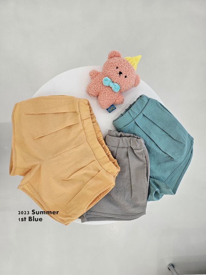 韓國 First Blue - 鬆緊腰日常好搭褶線短褲-亮黃