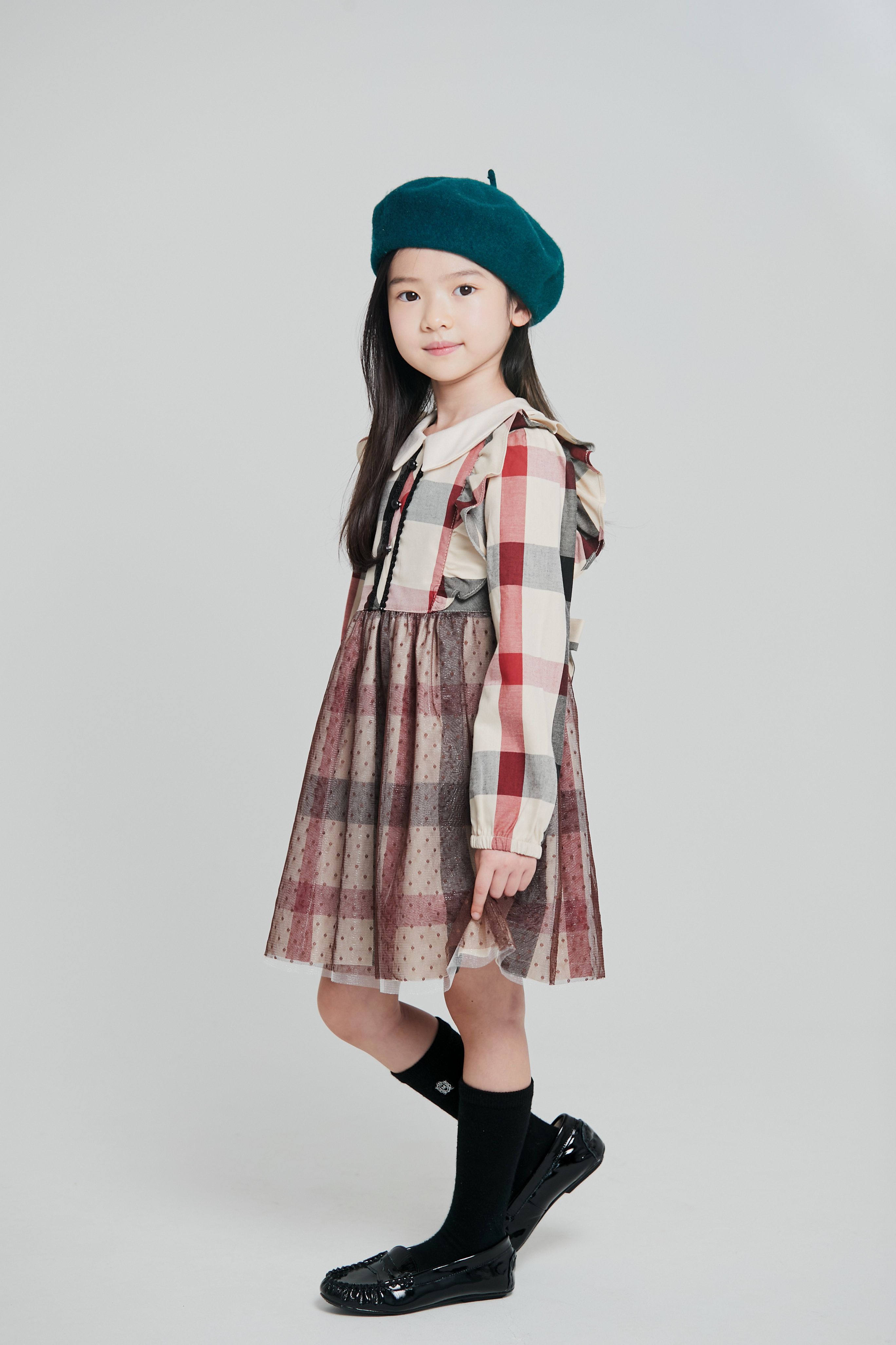 韓國 Coco Bang - 英倫格紋荷葉邊拼點點網紗洋裝