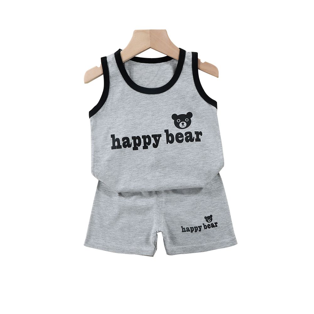 兒童純棉背心+短褲套裝 寶寶無袖上衣 寶寶短褲-灰熊頭
