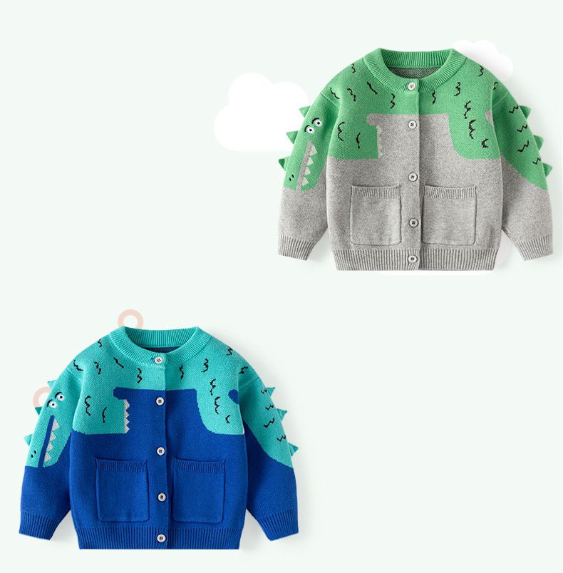 立體圓領針織排釦外套-鱷魚-灰+綠