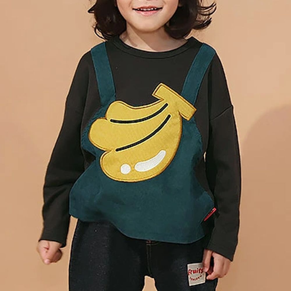 水果樂園 燈芯絨吊帶拼接長袖上衣-香蕉-黑X黃