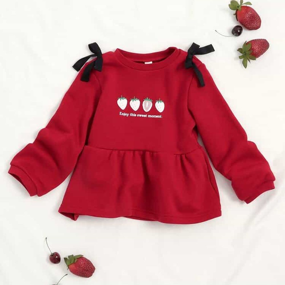 雙肩浪漫蝴蝶結裏毛長袖上衣-草莓-紅