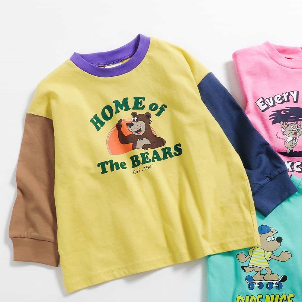 春季俏皮印花薄長袖上衣-熊熊撞色-黃x咖x深藍