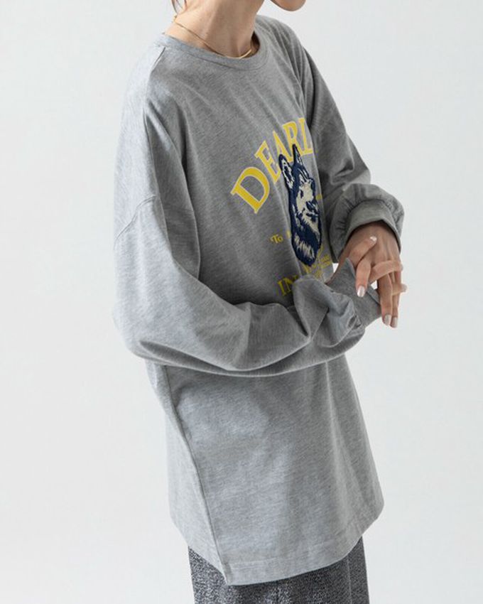 日本 gleam - 相良刺繡哈士奇印花帥氣長袖T恤-灰