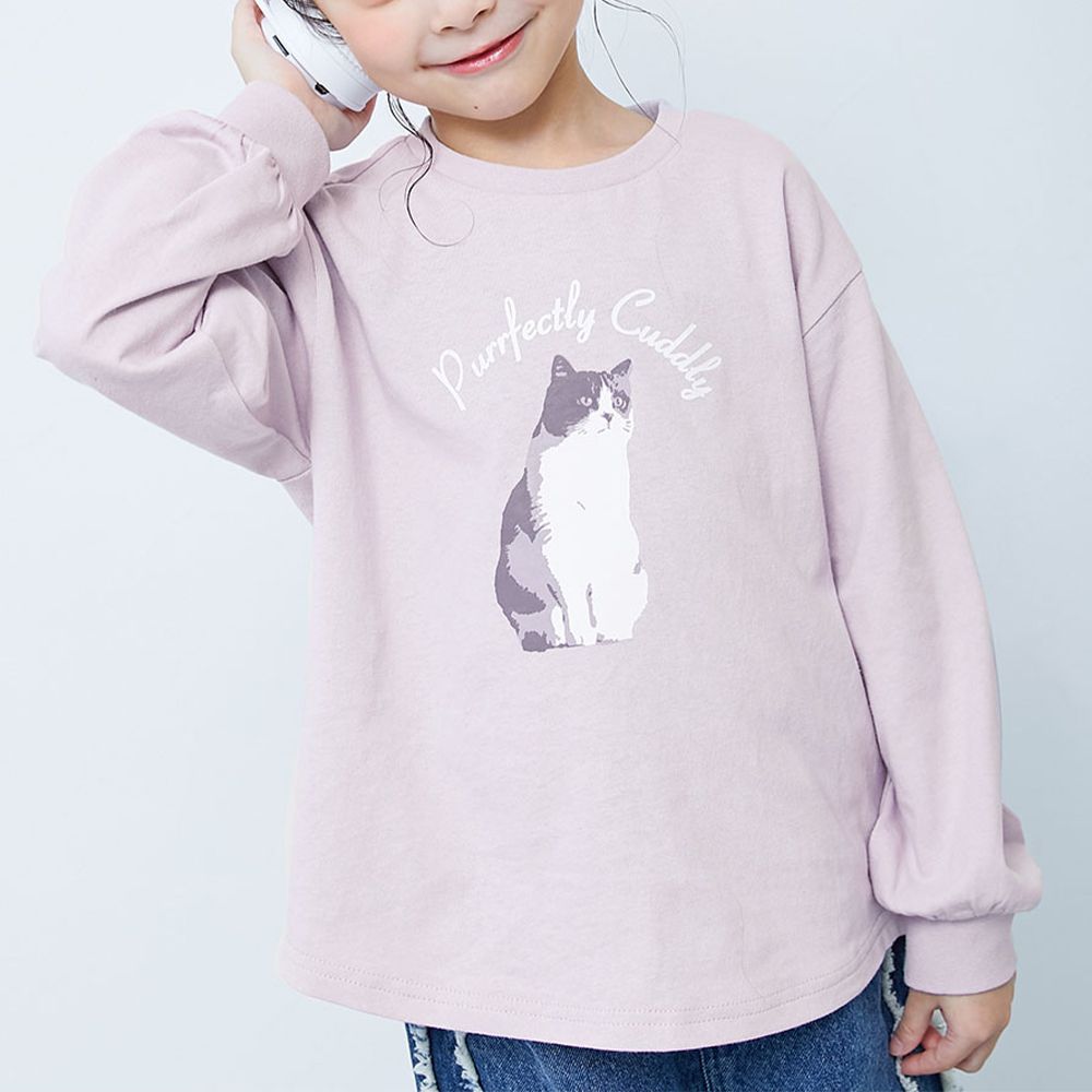 100%棉 圓弧下擺印花長袖T恤-貓咪等待-紫丁香