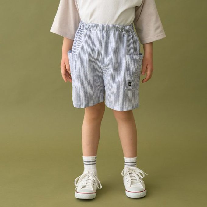 日本 b-ROOM - 時尚搭配口袋短褲(4分丈)-直紋-米杏