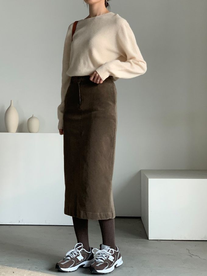 韓國女裝連線 - 薄燈芯絨直筒後開衩中長裙-摩卡咖