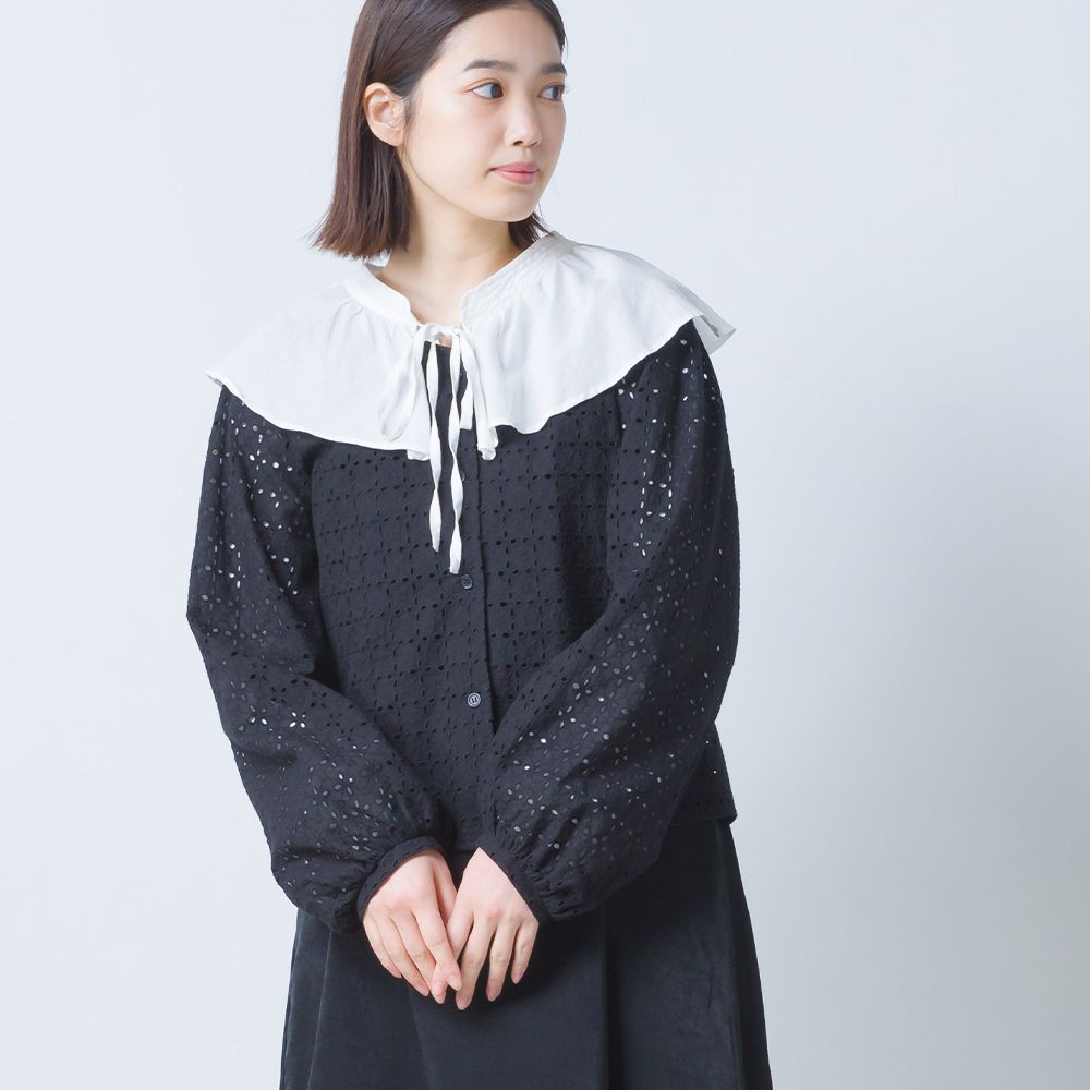 日本 OMNES - 春日浪漫V領鏤空雕花襯衫-白