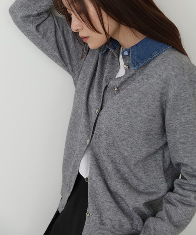 日本 Bab - 牛仔領時尚休閒感針織開襟衫-灰