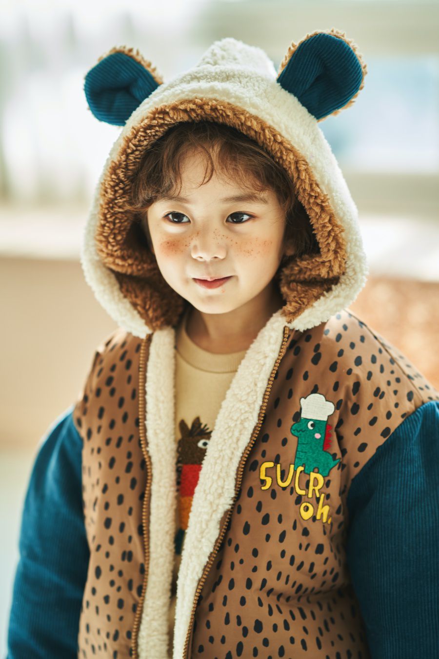 韓國 Mimico - (雙面可穿)熊耳朵豹紋外套-咖啡X藍綠