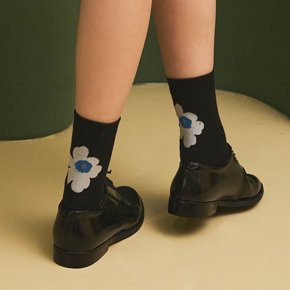 韓製彈力好穿中筒襪-大花印-黑 (Free[230~260mm])-1雙