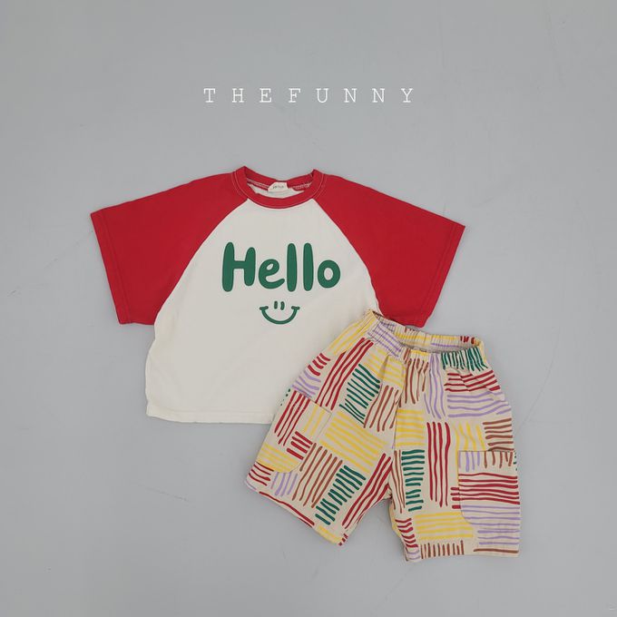 韓國 The Funny - Hello微笑印短袖上衣-米白X紅