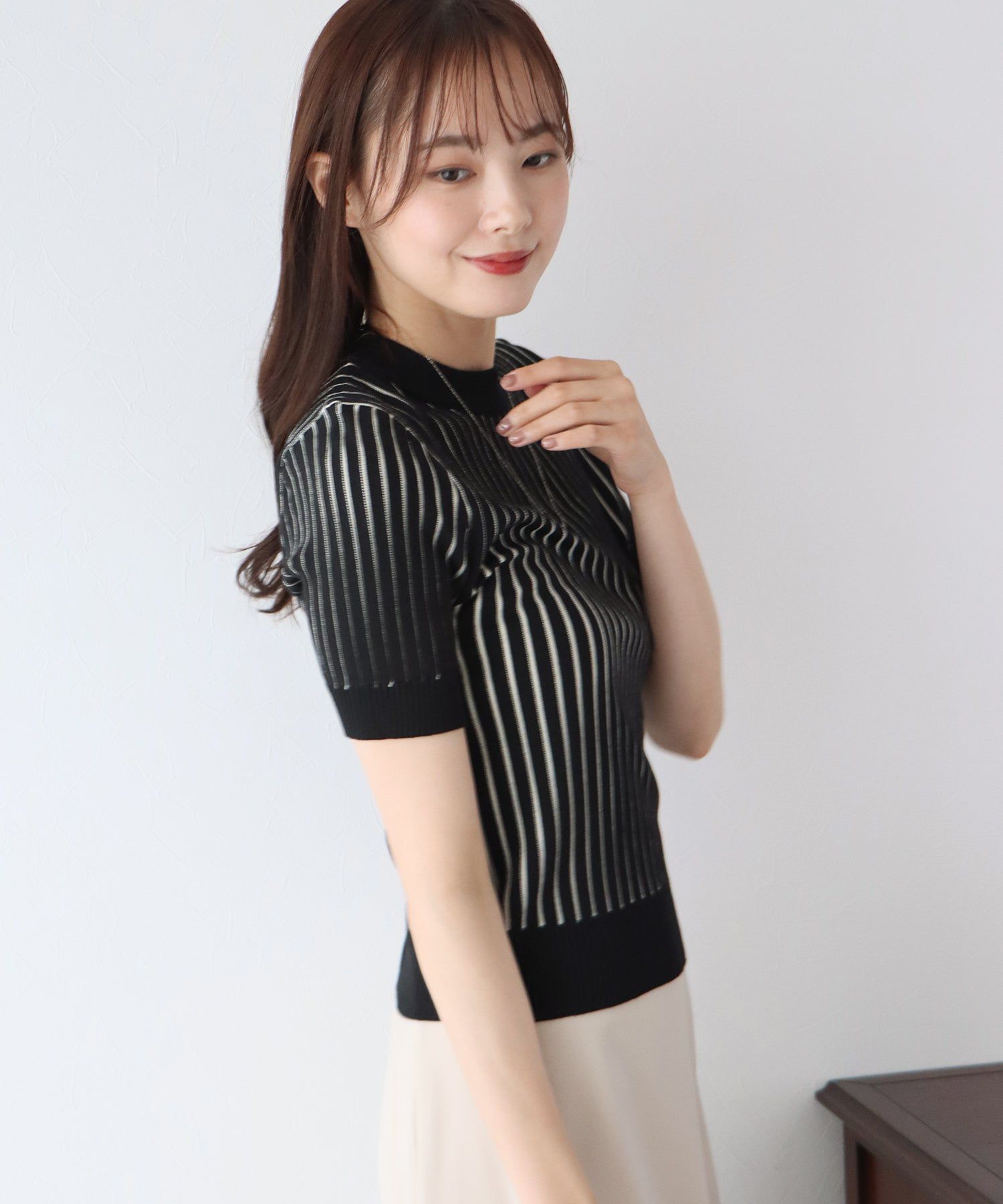 日本 BLUE EAST - 彈性寬羅紋薄針織短袖上衣-淺粉x白