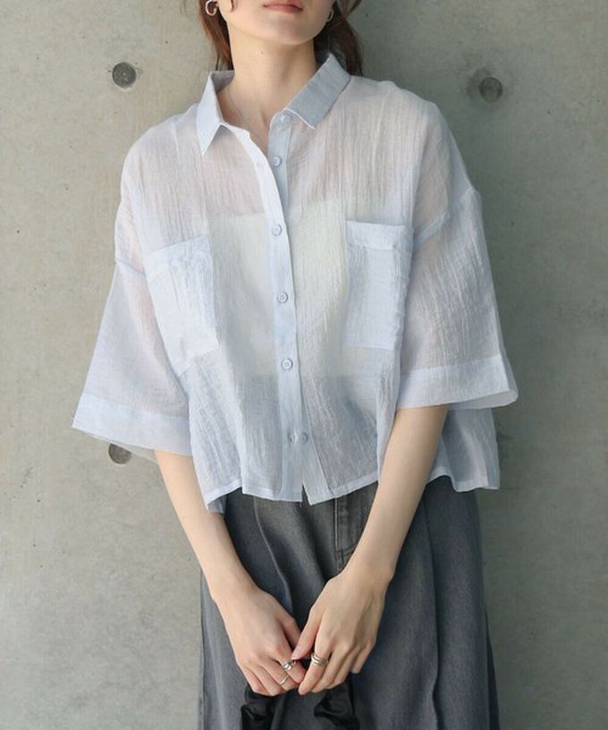 日本 Bab - 透膚感清爽短版五分袖襯衫-水藍 (M)