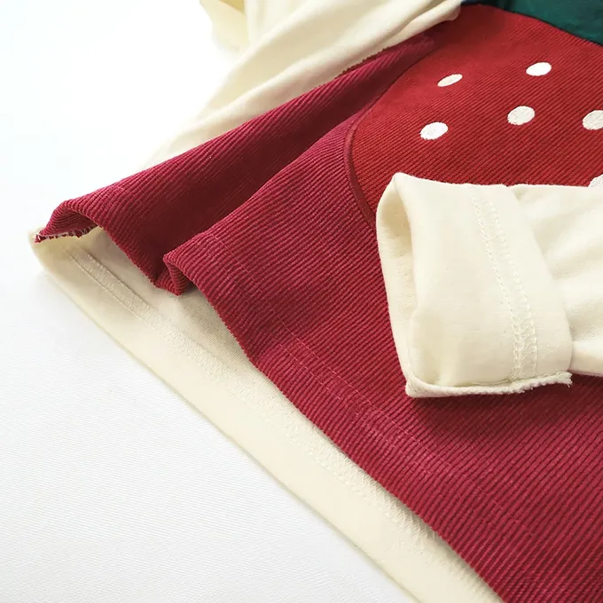 日本 ZOOLAND - 水果樂園 燈芯絨吊帶拼接長袖上衣-草莓-白X紅