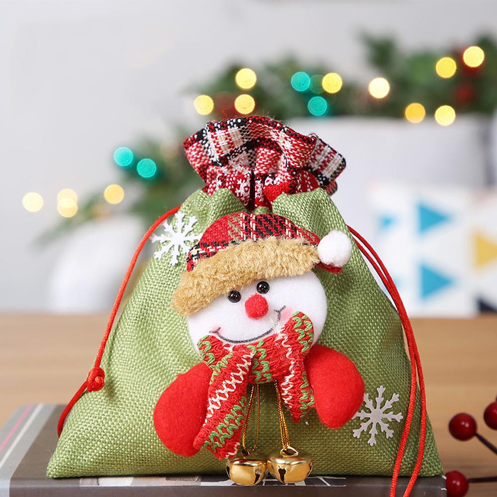 聖誕節造型鈴鐺禮物袋-聖誕雪人-綠色-19x17cm