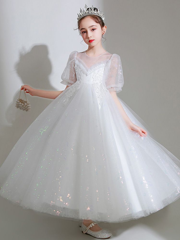 桃心V領公主泡泡五分袖網紗禮服-滿滿亮片-白色