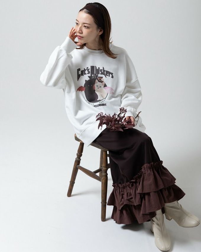 日本 gleam - 裏毛寬版天使惡魔貓咪印花大學T-淺灰