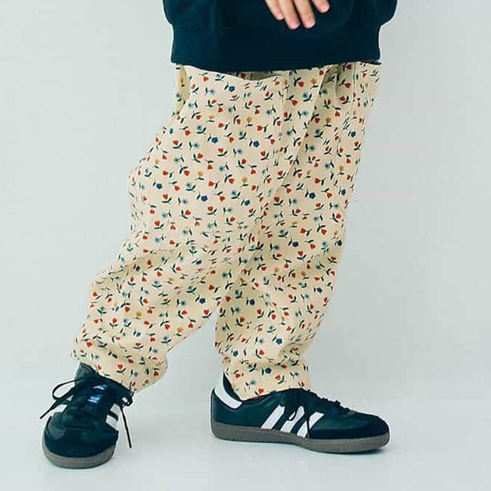 繽紛感印花斜紋布寬褲-花朵-象牙白