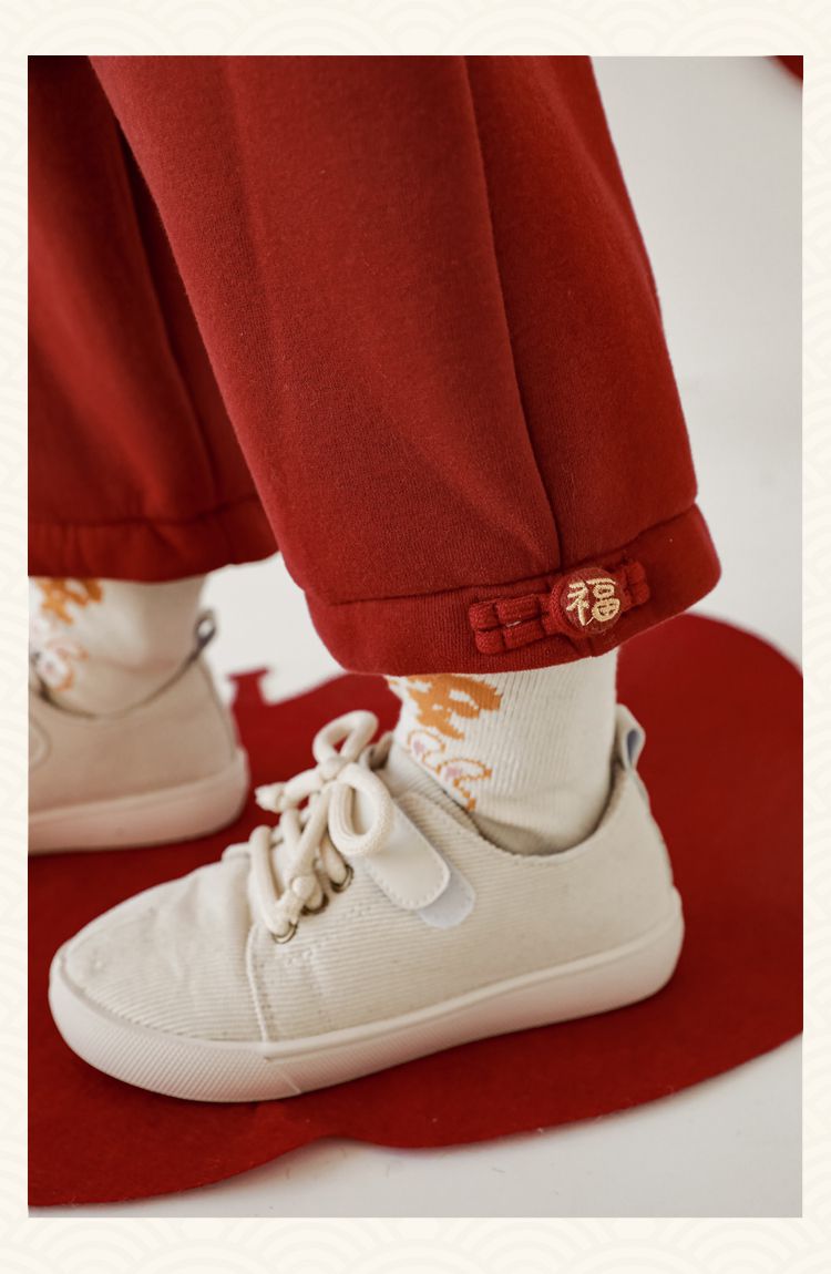 TONGMO - (加絨)喜氣腰鬆緊束口長褲-蘋果口袋-杏色