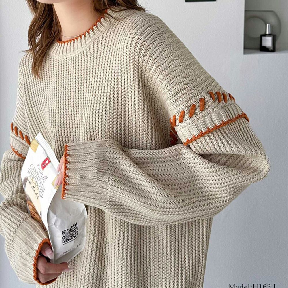 Java 落肩滾邊縫線粗針織長版上衣-卡其x橘