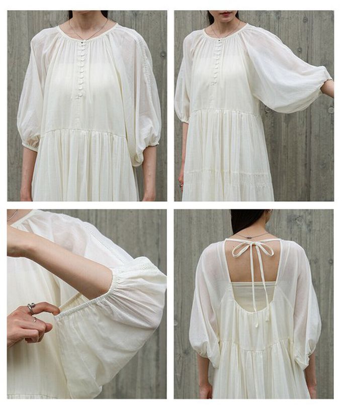 日本 Bab - 100%棉 巴里紗柔軟素色寬袖洋裝-炭灰