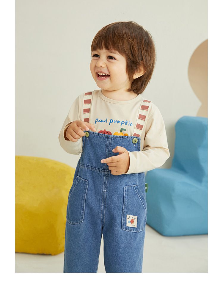 休閒條紋吊帶牛仔長褲-藍色