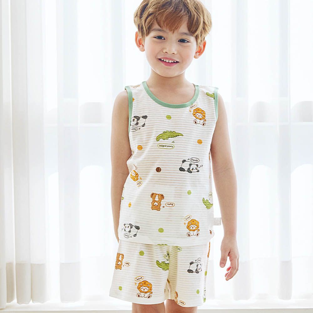 透氣條紋提花棉無袖家居服-萌萌手繪動物