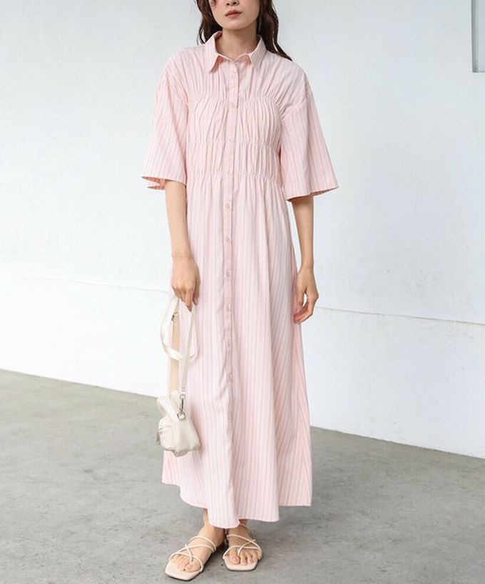 日本 Bab - 時尚抓皺襯衫式五分袖洋裝-條紋-象牙