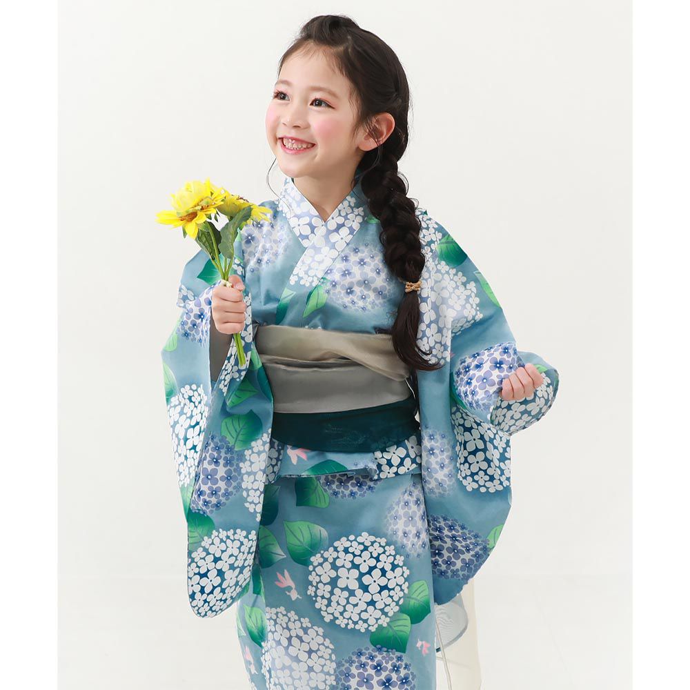 日本 devirock - 上下穿搭式浴衣華麗4件組-粉彩繡球花-藍綠