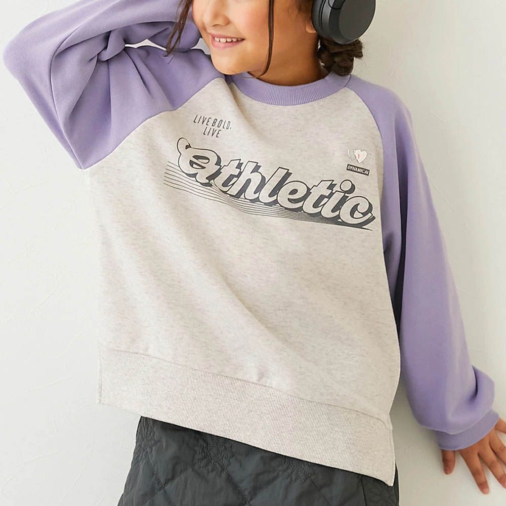 可愛女孩印花縮口長袖上衣-下擺開岔-燕麥X紫