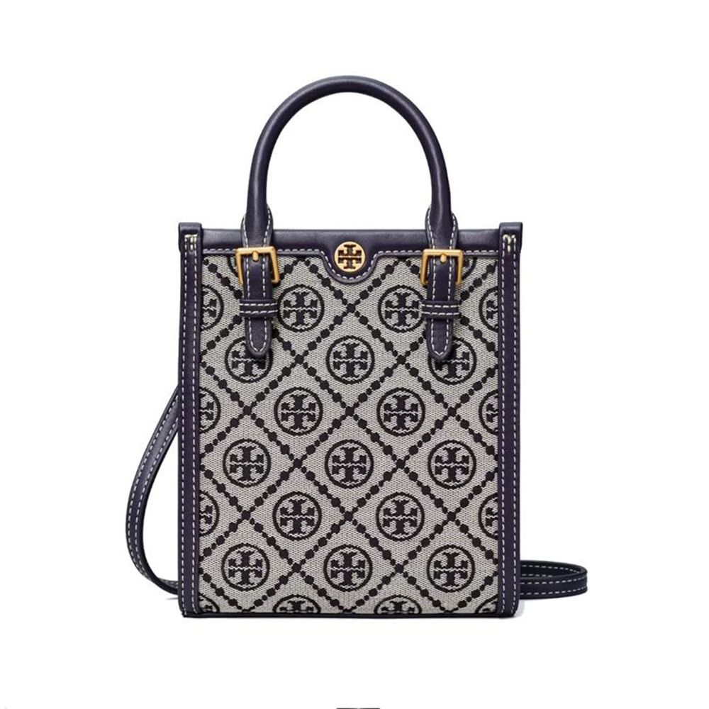 TORY BURCH - 緹花拼接皮革滿版LOGO兩用包 (深藍)