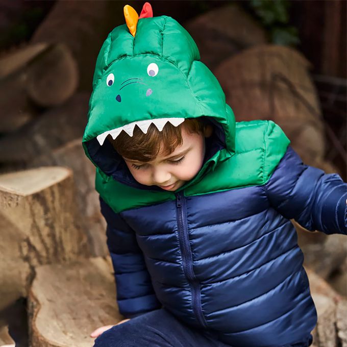 英國 JoJo Maman BeBe - 鋪棉蓬鬆保暖羽絨服外套-我是小恐龍