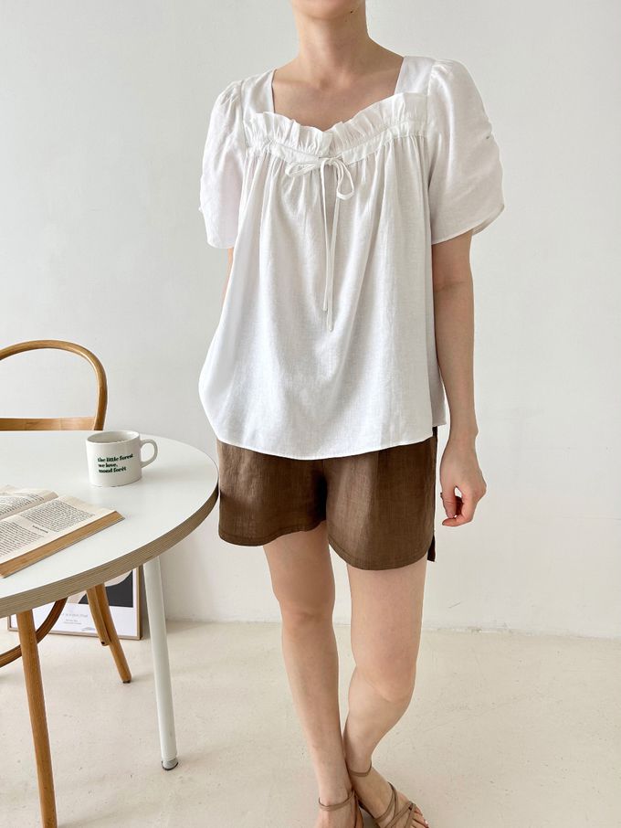 韓國女裝連線 - 波浪方領棉麻短袖上衣-白 (FREE)