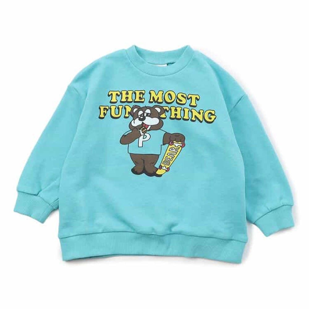 美式印花縮口長袖上衣-滑板熊熊-天藍