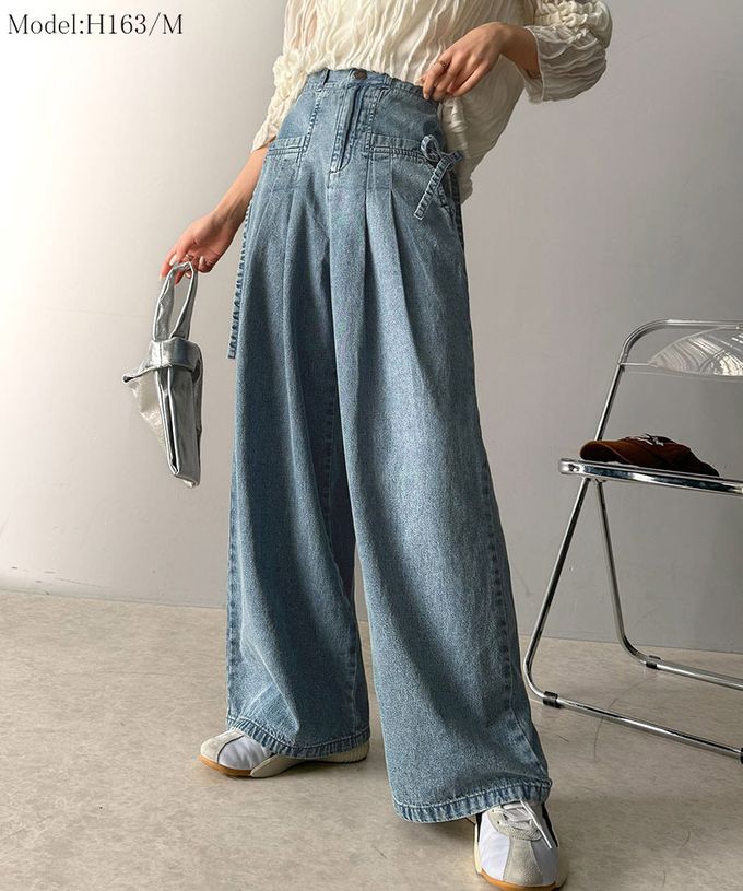 日本 Classical Elf - 側蝴蝶結純棉丹寧摺線寬褲-(環保材質)-淺藍