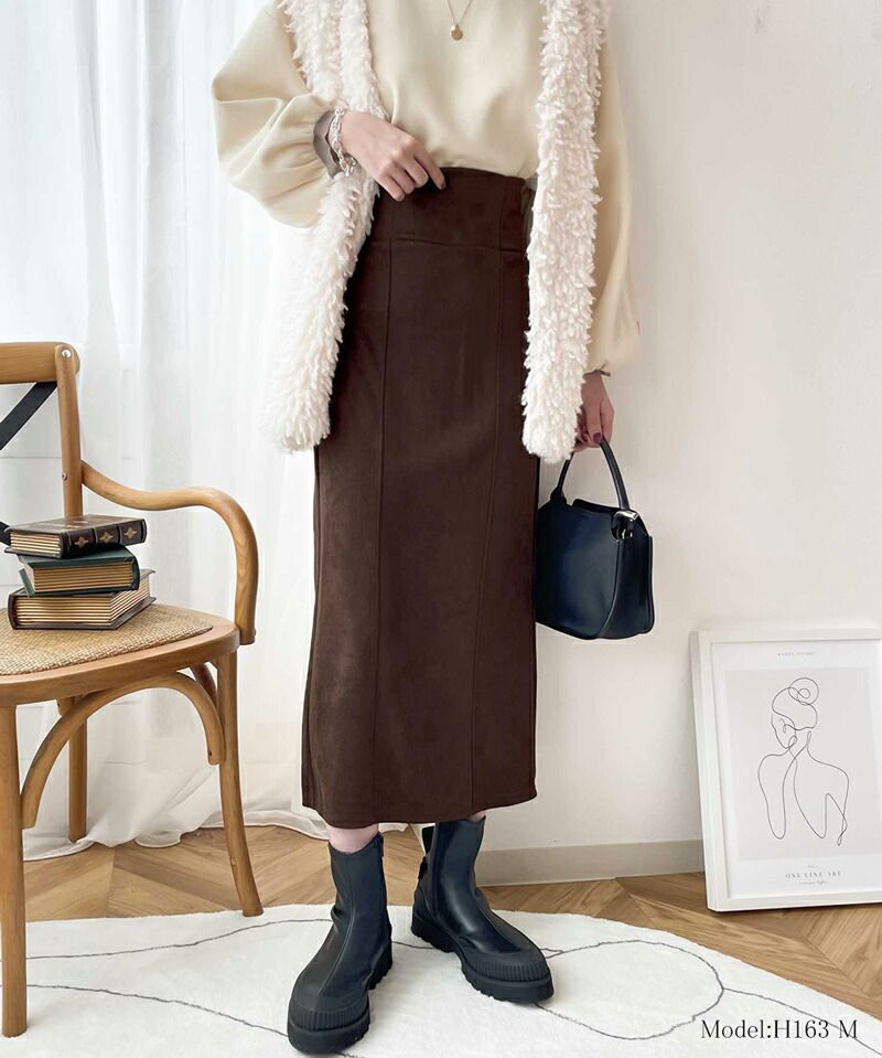 日本 Classical Elf - 麂皮質感後鬆緊修身長裙-咖啡