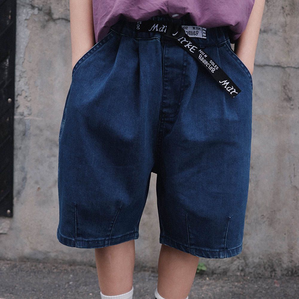 純棉腰鬆緊牛仔五分褲-下擺打褶-深藍