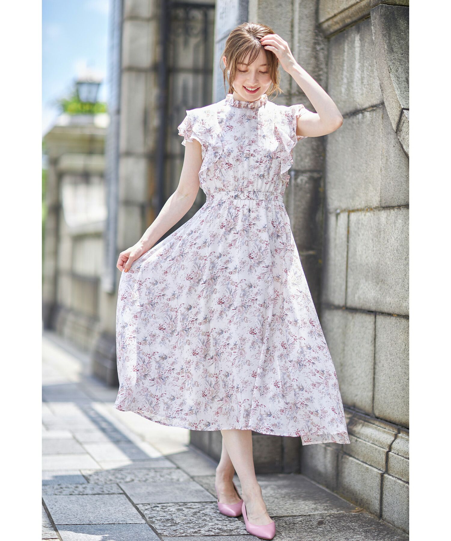 日本 tocco-closet - 優雅荷葉領無袖洋裝-甜蜜花園-天空藍