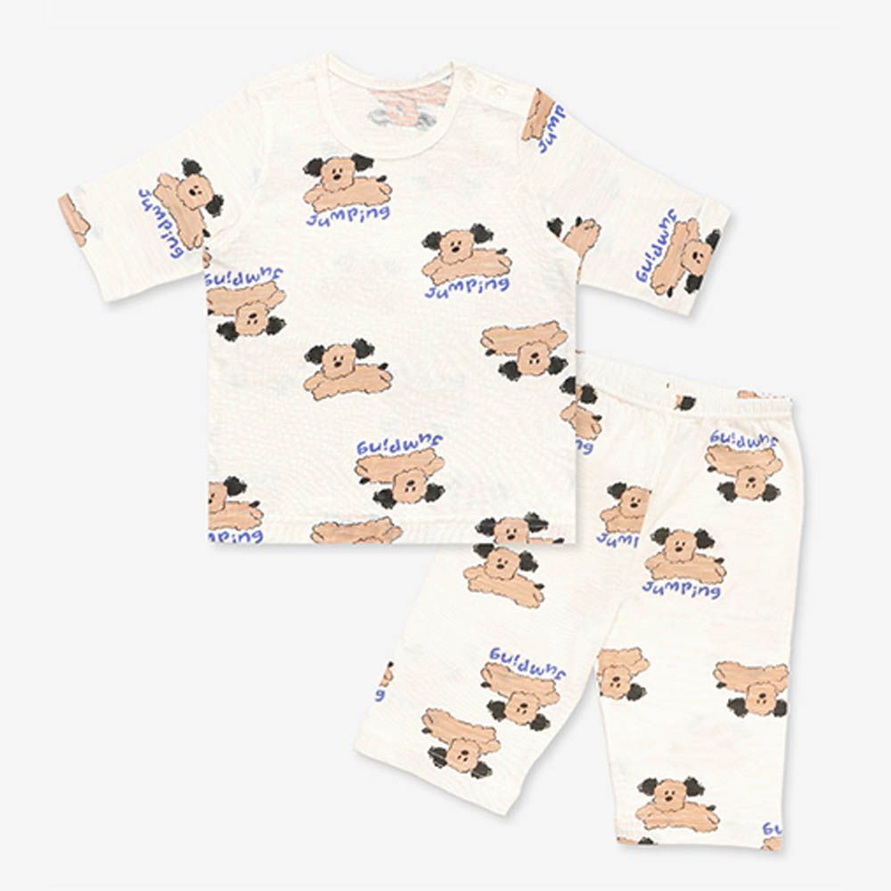 韓製莫代爾透氣7分袖家居服-跳躍狗狗-米