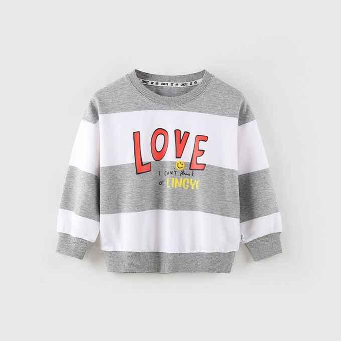 童趣圓領條紋長袖上衣-LOVE-灰色