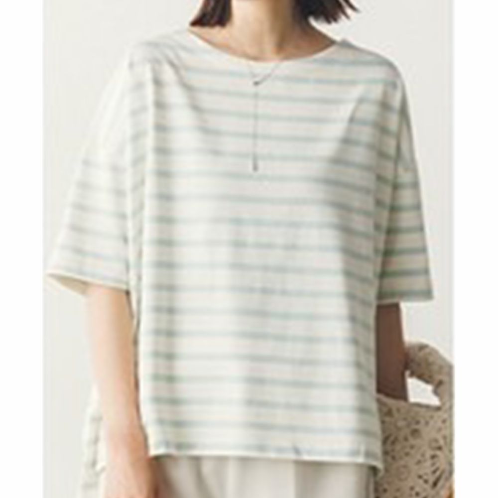 100%棉 定番條紋落肩五分袖上衣-白x薄荷綠