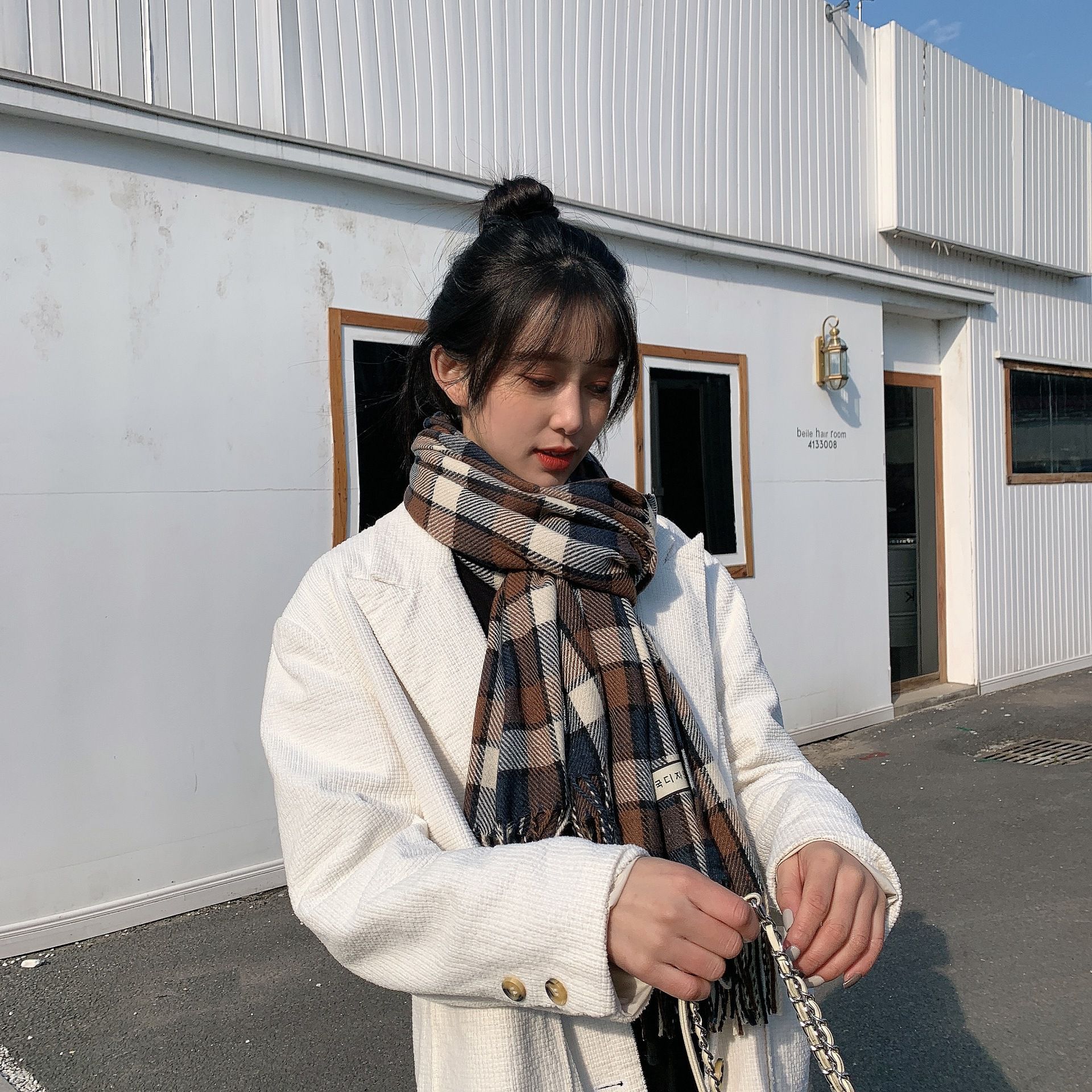 仿羊絨多彩格紋暖暖圍巾-灰+棕 (200x70cm)