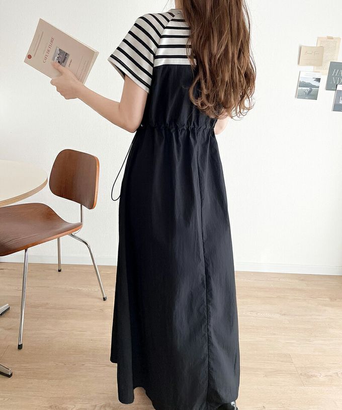 日本 Classical Elf - 法式袖拼接縮腰抽繩洋裝-條紋x黑