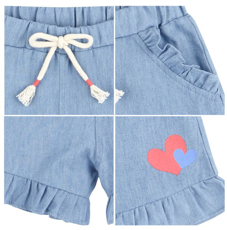 韓國 HEJMINI - 雙色心荷葉拼接短褲-藍